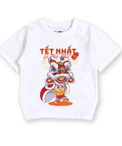 Áo thun tết cho bé trai và bé gái dưới 43kg màu trắng thun cotton mềm mịn, thoáng mát AT54_A