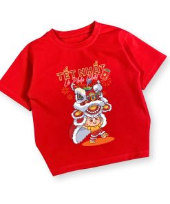 Áo thun tết cho bé trai & bé gái dưới 15 tuổi màu đỏ múa lân cotton dày co giãn AT54_A