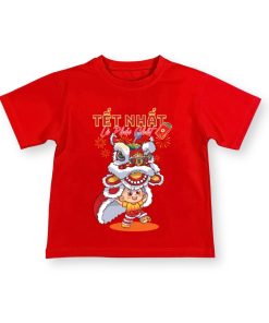 Áo thun tết cho bé trai & bé gái dưới 15 tuổi màu đỏ múa lân cotton dày co giãn AT54_A