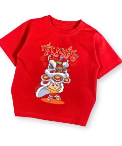 Áo thun tết cho bé trai & bé gái dưới 15 tuổi màu đỏ múa lân cotton dày co giãn AT54_A